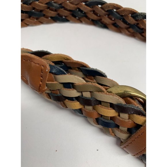 WOmens Sz L Belt Leather Woven Weave Blue Yellow Beige - Picture 4 of 4